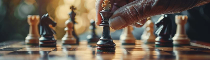 Fotobehang Entrepreneurs hand moving a queen chess piece close up © AlexCaelus