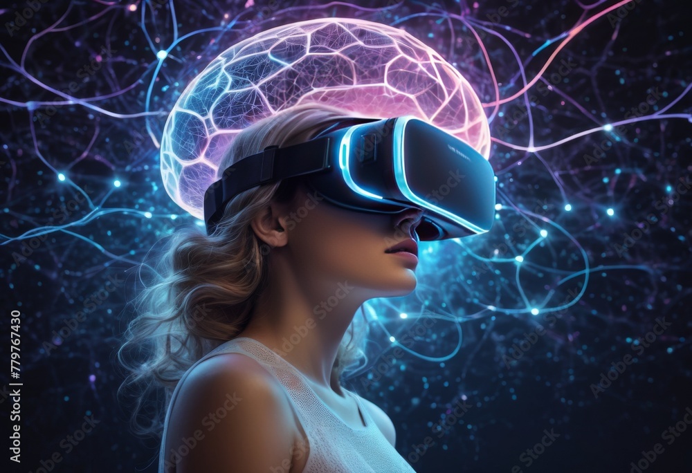 Poster A woman with flowing hair is immersed in a virtual reality simulation, surrounded by glowing neural network patterns. AI generation