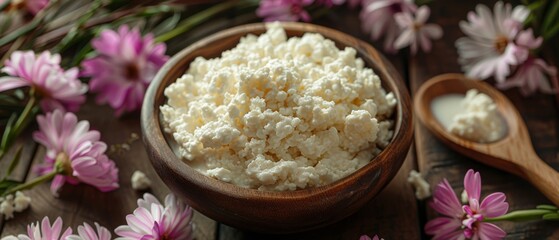 Cottage cheese in bowl with wooden spoon, sour cream and milk on meadow flowers - obrazy, fototapety, plakaty