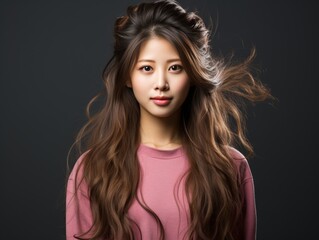 Fototapeta premium Woman With Long Hair Standing in Front of Black Background