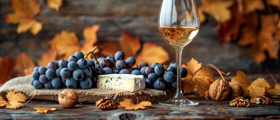 A wooden wall surrounded by autumn leaves and sackcloth with a glass of white wine, blue, camembert and Swiss cheese.