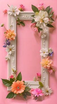 fresh flowers of various colors and green leaves placed around empty white photo frame against pink background 4K Video