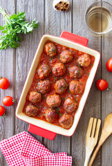Meatballs in tomato sauce with herbs. Paste. Italian Cuisine.