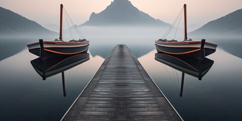 boats anchored at the pier. The water is calm and the sky is ethereal. Concept of calm and relaxation - obrazy, fototapety, plakaty