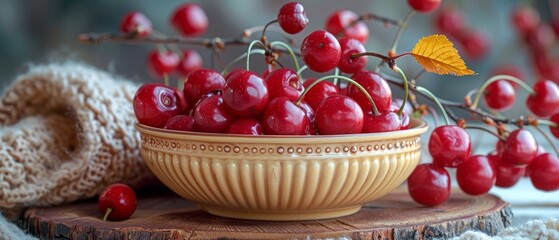 There are canned cherries on the saucer, a cherry tree twig and a knitted openwork napkin on the wooden board. - obrazy, fototapety, plakaty