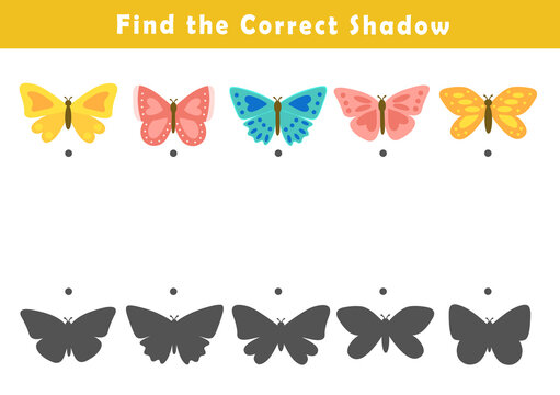 Shadow matching game for kids. Educational game for children. Find the right shadow of butterfly.	