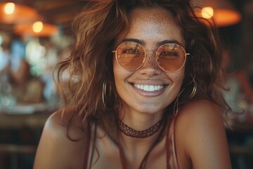 A trendy young woman is all smiles with her sunglasses at a vibrant cafe setting, radiating joy