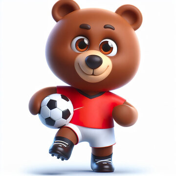 Cute character 3D image of a  brown bear  football clothes playing a football, funny, happy, smile, white background