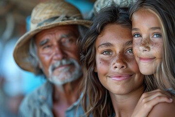 An elder man with a hat poses with two younger girls with sun-kissed freckles - obrazy, fototapety, plakaty