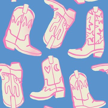 Various cowboy boots. Different ornaments. Cactus, Fire, Stars. Fashion concept. Wild West theme. Hand drawn trendy illustration. Square seamless Pattern. Template for fabrics, textiles, clothes