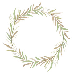 Transparent PNG. Round frame with leaves, circle sketch, round floral frame, laurel leaves, circle frame, botanical frame, floral wreath, template, wedding frame, engagement frame, invitation