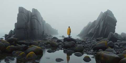 A man stands on a rocky shoreline, looking out at the ocean - obrazy, fototapety, plakaty