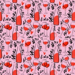 Glasses and bottle of Wine. Hand drawn illustration. Retro minimal style. Square seamless Pattern. Repeating design element for printing. Template for fabrics, textiles, wallpaper, clothes - 779769278