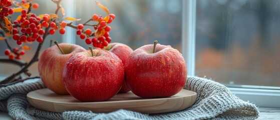 The wooden board outside the window has a wooden plate with red apples on it, a twig flower on it and a knitted napkin on it, as well as a garden outside