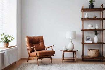 Interior of a bright living room with armchair and wooden shelf on empty white wall background.