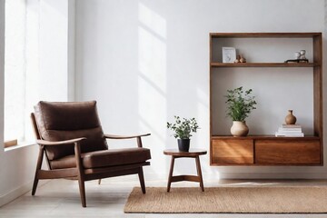 Interior of a bright living room with armchair and wooden shelf on empty white wall background.