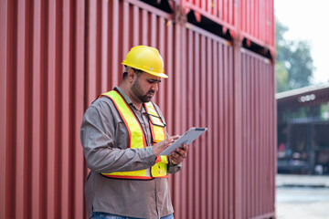 Portrait of an engineer checking products at an industrial container yard.