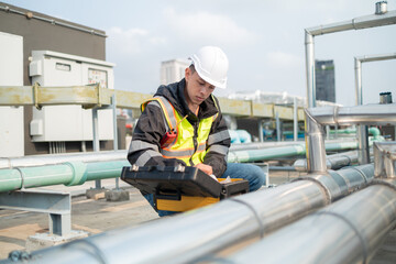 Technician Using Measuring Equipment on Industrial Pipes