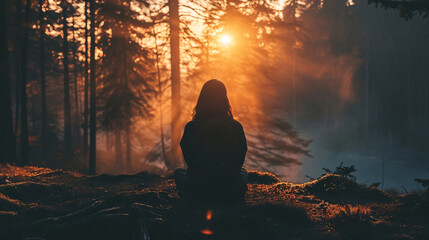 Solitary Figure Watching Sunrise in Misty Forest - obrazy, fototapety, plakaty