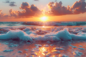 Breathtaking capture of the sun rising over the horizon of the ocean with gentle foamy waves breaking onto the shore - obrazy, fototapety, plakaty