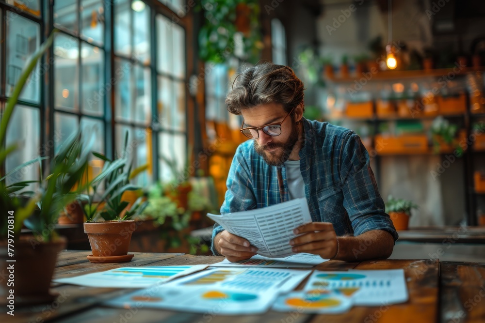 Aufkleber a focused man reviewing graphs and reports at a table in a cozy café with blurred background ambianc