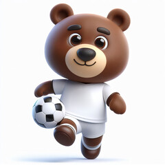 Obraz premium Cute character 3D image of a brown bear football clothes playing a football, funny, happy, smile, white background