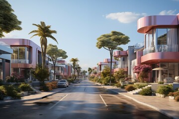 Luxury village road with beautiful and modern houses on the side of the road