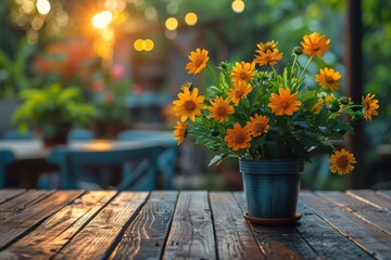 Fototapeta na wymiar Vibrant yellow flowers in a blue pot rest on a rustic wooden table with a cozy outdoor cafe ambiance and soft sunlight