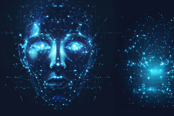 Rete 3d che forma un volto umano in un poster digitale ad alta fedeltà, che rappresenta una tecnologia ai avanzata, sfondo nero - obrazy, fototapety, plakaty
