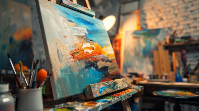 Vibrant Watercolor Canvas in Sunlit Artist's Studio