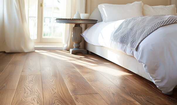 low angle of wooden laminate floor in sunny morning bedroom with white linen and door
