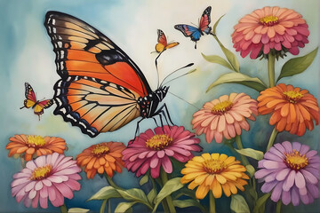 Beautiful colorful flowers and nectar drinking butterfly
