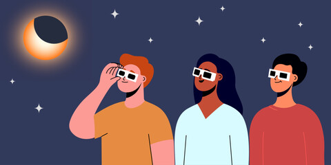 Woman wearing safety glasses watch a partial solar eclipse. Vector illustration