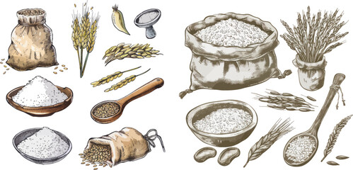 Whole basmati grain in bag, scoop and spoon. Rice porridge bowl - obrazy, fototapety, plakaty
