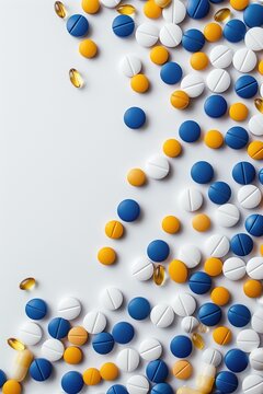 A banner with blue, yellow and white tablets on a white background with copy space. Vertical photo with pills medicine concept.