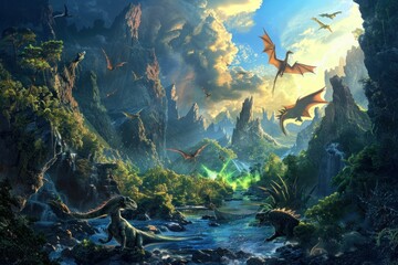 Naklejka premium Fantasy landscape with flying dinosaurs and flowing water in the sky