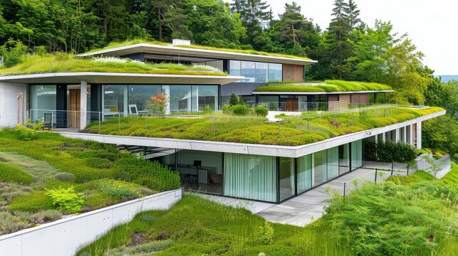 Eco-friendly house with green rooftop. Immerse yourself in the beauty of nature with this stunning eco-home, featuring a green rooftop that brings life to the surroundings.