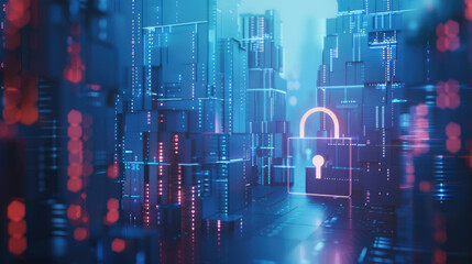 Fototapeta premium Abstract digital padlock on dark background with copy space. Cyber security concept banner, guarding computing systems against fraud and protecting privacy data