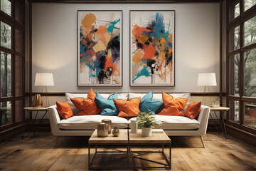 Image depicting a modern living room with large paintings above a leather sofa. Modern and stylish interior design, front image, canvas