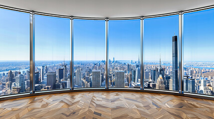 Aerial View of Manhattan Skyline at Sunset, Iconic Skyscrapers and Urban Scenery, Majestic City View from Above