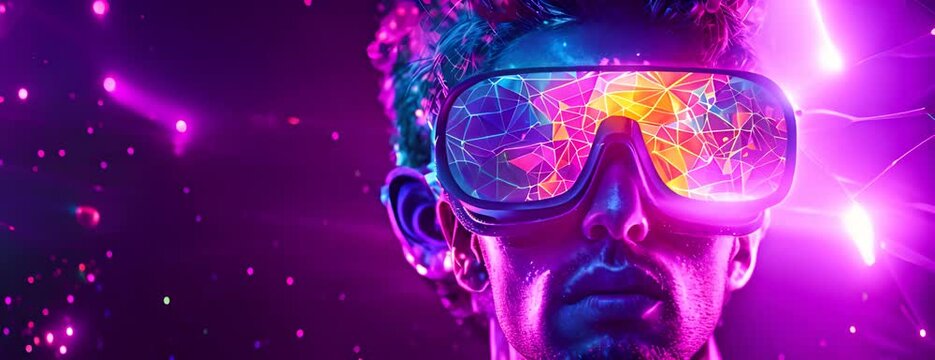 abstract bright man in glasses on black background with colorful geometric shapes representing concept of virtual reality 4K Video