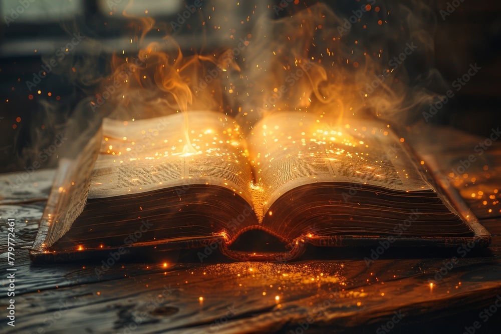 Poster an enchanting open book on a wooden table, sparking imagination with its pages alight with glowing s
