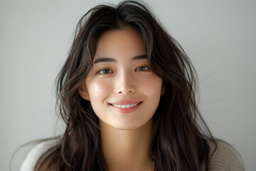Naklejka premium Close up photo portrait of smiling beautiful Japanese woman with long dark hair isolated on white background