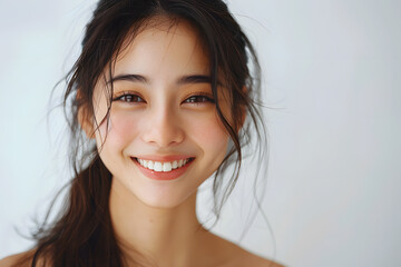 Close up photo portrait of smiling beautiful Japanese woman with long dark hair  isolated on white background