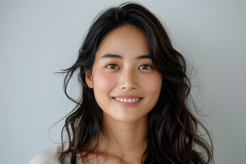 Naklejka premium Close up photo portrait of smiling beautiful Japanese woman with long dark hair isolated on white background