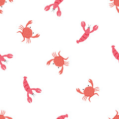 Lobsters and crabs doodle style seamless pattern. Vector illustration of river and marine life. Background delicacies seafood. - obrazy, fototapety, plakaty