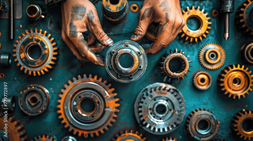 Aufkleber mechanical engineer inspecting machine parts. engineer working with machine maintenance machine, mec