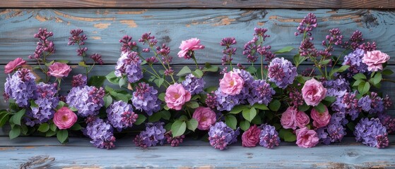 With lilac flowers and roses on wooden planks in a shabby style
