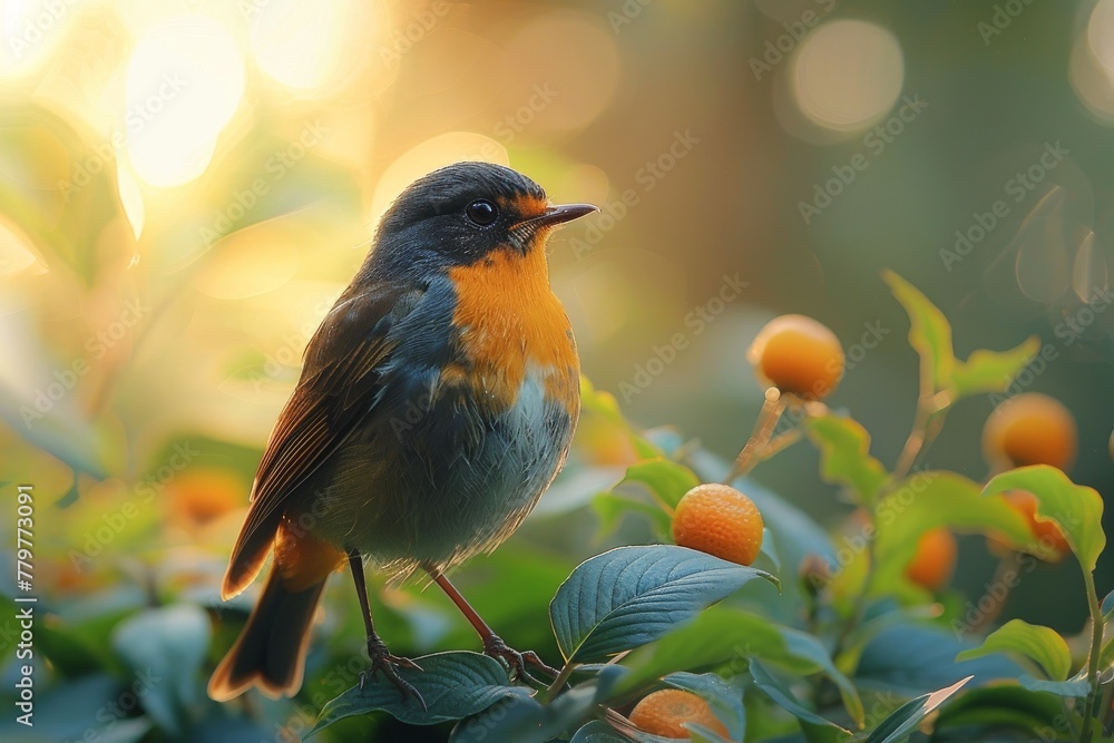 Poster a vibrant image capturing a robin bird amid a serene environment with sunlight filtering through