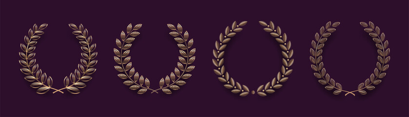 Set of golden laurel wreath. Winner award and achievement heraldry symbol. Vector illustration.